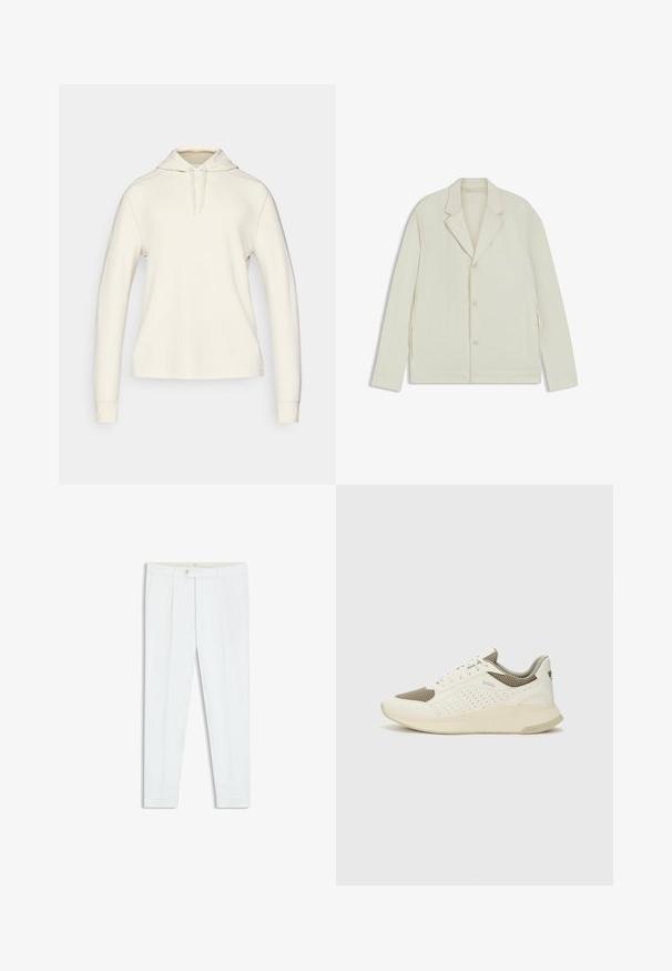 Light beige jacket with a notched lapel, button closure, and side zippers. Made from smooth, textured fabric with a tailored fit.; White hooded sweatshirt featuring long sleeves, ribbed cuffs, a kangaroo pocket, and drawstrings at the neck in a soft, textured fabric.; White tailored trousers with a smooth texture, featuring front pleats, side pockets, and a button closure at the waistband.; White and light beige athletic sneaker, featuring a mesh upper, perforated detailing, and a textured midsole with branding on the heel.