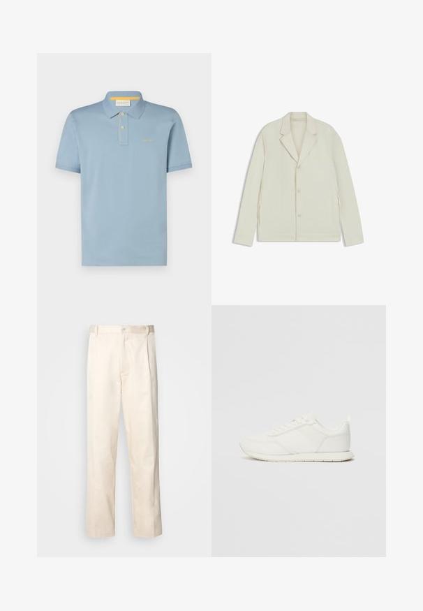 Valkoinenbeige takki, jossa on sahalaita, napitus ja sivuvetoketjut. Valmistettu sileästä, teksturoidusta kankaasta, joka on muotoiltu hyvin istuvaksi.; Vaaleansininen polo-paita, jossa on kaulus, lyhyet hihat ja keltaisia yksityiskohtia. Edessä on kaksi nappia sisältävä kaitale ja brodeerattu logo.; Vaaleanbeige puuvillahousut, joissa on suora lahje, varustettu nappisulkeisella ja etupuolella olevilla laskoksilla lisäyksinä.; Valkoiset tennarit, joissa on verkkokankainen ja synteettinen yläosa, pyöreä kärki, litteät nauhat sekä teksturoitu sivuviiru. Kumipohja ja vetoketju takana.