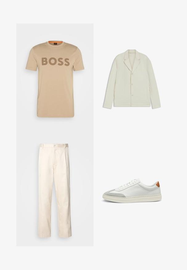 Valkoinenbeige takki, jossa on sahalaita, napitus ja sivuvetoketjut. Valmistettu sileästä, teksturoidusta kankaasta, joka on muotoiltu hyvin istuvaksi.; BOSS THINKING - Printtipaita - open brown; Vaaleanbeige puuvillahousut, joissa on suora lahje, varustettu nappisulkeisella ja etupuolella olevilla laskoksilla lisäyksinä.; Valkoiset nahkakengät, joissa on harmaat mikrokuituakkentit ja vaaleanruskea nahkakanta. Ominaisuuksiin kuuluu teksturoitu pinta ja kevyt pohja.