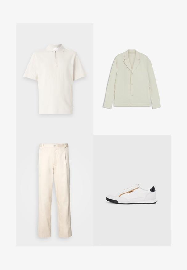 Giacca beige chiaro con rever a taglio, chiusura con bottoni e zip laterali. Realizzata in tessuto liscio e testurizzato con una vestibilità su misura.; Polo a maniche corte di colore bianco sporco, con collo zip. Realizzato in tessuto morbido, presenta un design pulito e minimale, senza motivi visibili.; Pantaloni in cotone beige con taglio dritto, dotati di chiusura a bottone e pence sul davanti per un tocco di dettaglio in più.; Scarpe sportive bianche con accenti in rete e pelle. Presentano un logo dorato "BOSS", pannelli laterali testurizzati e un copri tallone nero. Suola in gomma.