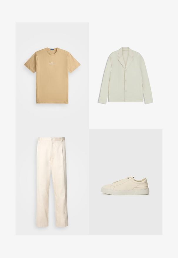 Ljus beige jacka med spetsiga slag, knappstängning och sidodragkedjor. Tillverkad av slätt, texturerat tyg med en skräddarsydd passform.; Beige kortärmad t-shirt med rund hals, "Polo Ralph Lauren"-logotyp i vitt centrerad på bröstet, liten broderad emblem nära nederkanten.; Beiga bomullbyxor med rak benform, utrustade med knappstängning och veck framtill för extra detalj.; Beige lädersneaker med rund tå, minimalistisk design, subtila stygndetaljer och en texturerad ovandel, på en ljus sula.