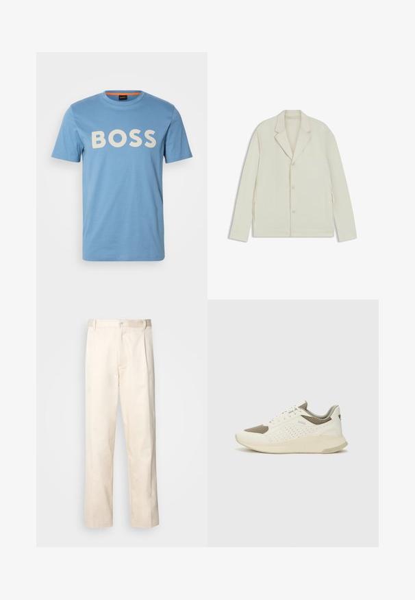 Ljus beige jacka med spetsiga slag, knappstängning och sidodragkedjor. Tillverkad av slätt, texturerat tyg med en skräddarsydd passform.; BOSS THINKING - T-shirt med print - open blue; Beiga bomullbyxor med rak benform, utrustade med knappstängning och veck framtill för extra detalj.; Vit och ljusbeige atletisk sneaker med ett meshöverdrag, perforerade detaljer och en texturerad mellansula med varumärke på hälen.