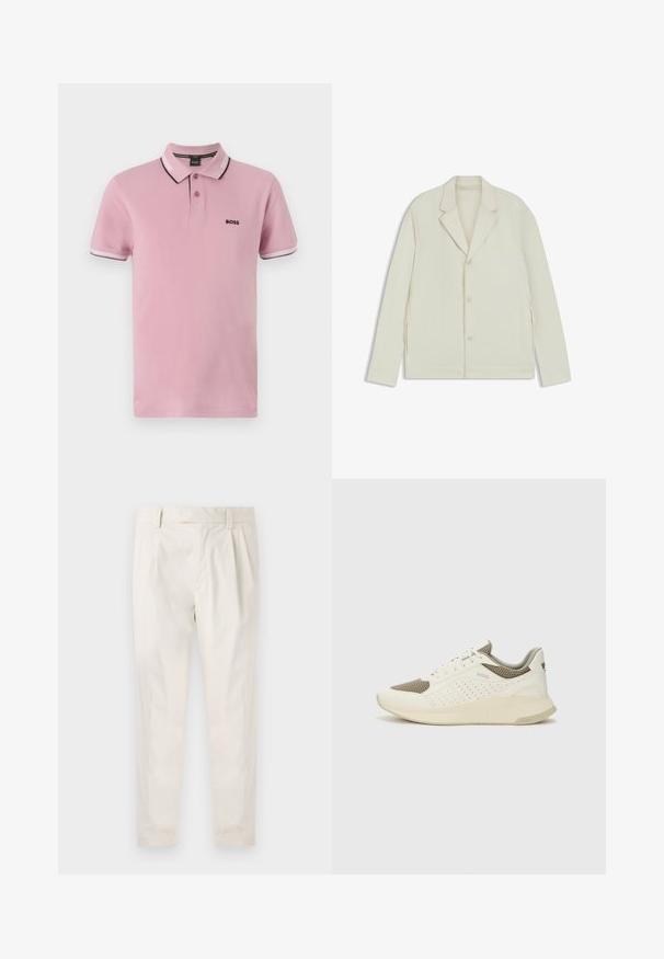 Lys beige jakke med klapkrave, knaplukning og sidelommer med lynlås. Lavet af glat, tekstureret stof med en skræddersyet pasform.; Polo-shirt i lyserød bomuld med klassisk krave, tre-knaps lukning og kontrasterende hvide og mørke striber på ærmerne.; Hvide, plisserede bukser med en skræddersyet pasform, der har en glat overflade, bæltestropper og smalnede ben. Ingen synlige lommer eller mønstre.; Hvide og lyse beige sportssko med en mesh-overdel, perforerede detaljer og en tekstureret mellemsål med branding på hælen.