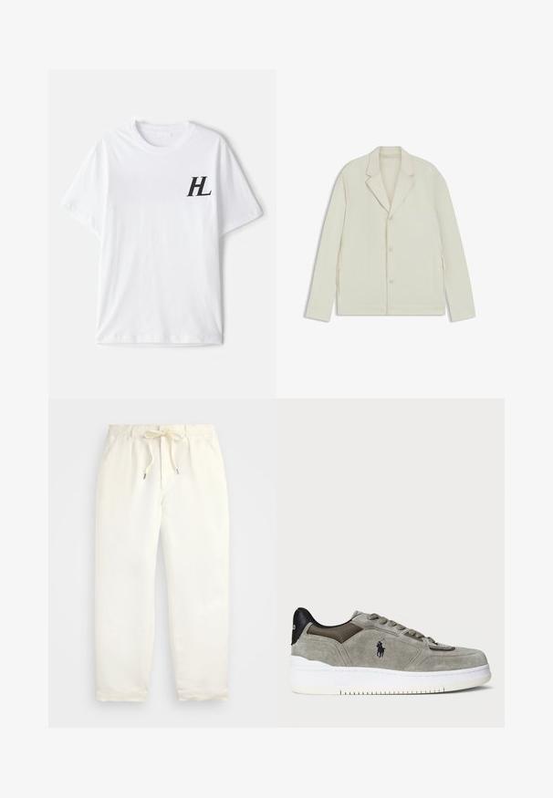 Lys beige jakke med klapkrave, knaplukning og sidelommer med lynlås. Lavet af glat, tekstureret stof med en skræddersyet pasform.; Hvid bomulds T-shirt med rund halsudskæring, korte ærmer og et sort "HL" logo på venstre brystområde. Blød tekstur, afslappet pasform.; Lys cremefarvede, afslappede bukser lavet af blødt stof. Har en elastisk talje med snor og en tætsiddende ben-design.; Grå ruskinds sneaker med en struktureret overdel, kontrastfyldt sort hæl, hvid sål og broderet logo. Snørebåndsdesign med seks snørehuller.
