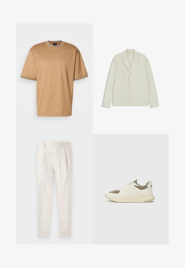 Ljus beige jacka med spetsiga slag, knappstängning och sidodragkedjor. Tillverkad av slätt, texturerat tyg med en skräddarsydd passform.; Beige t-shirt med kort ärm och svart-vit randig kant på kragen och ärmsluten, uppvisad på en vit bakgrund.; Vita, plisserade byxor med skräddarsydd passform, med en mjuk yta, bälteshängare och avsmalnande ben. Inga synliga fickor eller mönster.; Vit och ljusbeige atletisk sneaker med ett meshöverdrag, perforerade detaljer och en texturerad mellansula med varumärke på hälen.