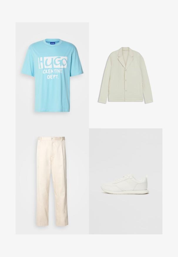 Chaqueta de color beige claro con solapas en pico, cierre de botones y cremalleras laterales. Fabricada con una tela suave y texturizada, con un corte a medida.; Camiseta de algodón azul claro con mangas cortas, que presenta un diseño gráfico blanco que dice "HUGO CREATIVE DEPT." en una fuente juguetona.; Pantalones de algodón beige con corte recto, que cuentan con un cierre de botón y pliegues en la parte frontal para un detalle adicional.; Zapatilla blanca con parte superior de malla y sintético, puntera redonda, cordones planos y una franja lateral texturizada. Suela de goma con un tirador en la parte posterior.