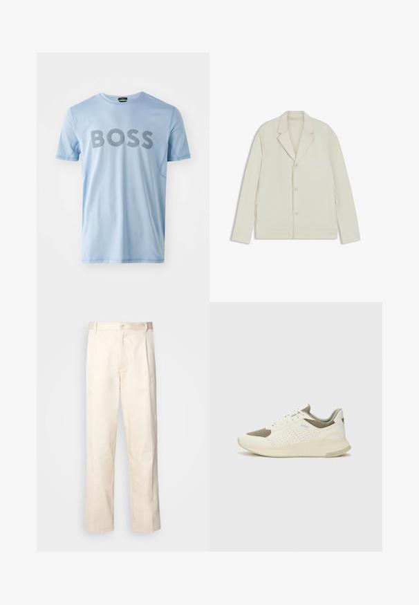 Valkoinenbeige takki, jossa on sahalaita, napitus ja sivuvetoketjut. Valmistettu sileästä, teksturoidusta kankaasta, joka on muotoiltu hyvin istuvaksi.; Vaaleansininen lyhythihainen t-paita, joka on valmistettu sileästä kankaasta, jossa on rohkea musta raidoitettu "BOSS"-logo edessä. Pyöreä kaula-aukko.; Vaaleanbeige puuvillahousut, joissa on suora lahje, varustettu nappisulkeisella ja etupuolella olevilla laskoksilla lisäyksinä.; Valkoinen ja vaaleanbeige urheilukengät, joissa on verkkomateriaali yläosa, rei'itettyjä yksityiskohtia ja teksturoitu välipohja, jossa on brändäys kantapäässä.