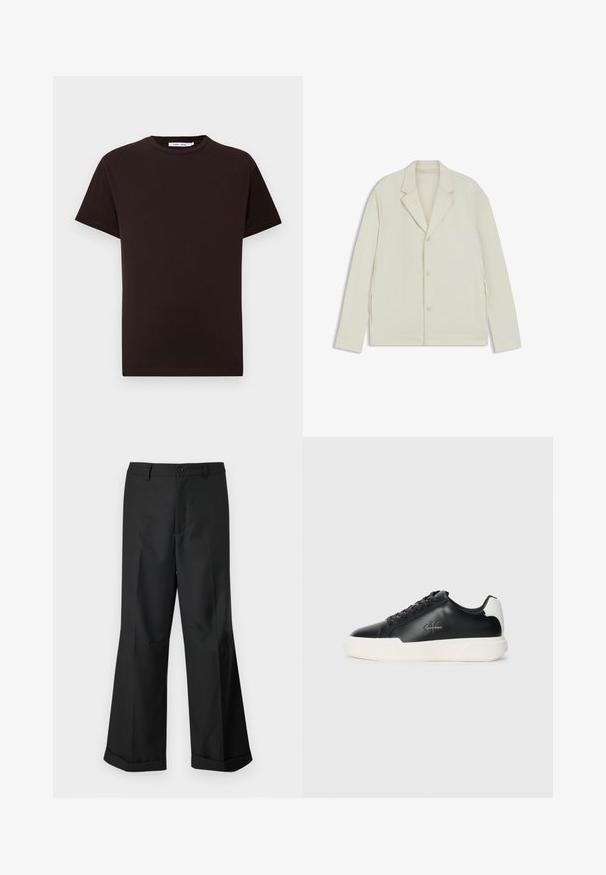 Light beige jacket with a notched lapel, button closure, and side zippers. Made from smooth, textured fabric with a tailored fit.; Black cotton t-shirt with a crew neckline, short sleeves, and a straight hem. Smooth texture, casual design, and no visible logos or patterns.; Black wide-leg trousers with buttoned waistband and cuffed hems, displayed against a plain white background.; Black leather sneakers with white rubber sole. Features round toe, lace-up design, and logo detail on the side. Rear accent in white.