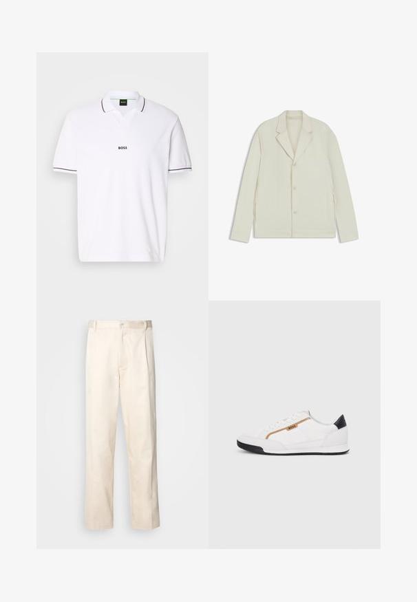 Ljus beige jacka med spetsiga slag, knappstängning och sidodragkedjor. Tillverkad av slätt, texturerat tyg med en skräddarsydd passform.; Vit polo skjorta i strukturerad väv. Har en V-ringning, korta ärmar och mörkgrå detaljer på kragen och ärmsluten. "BOSS"-logotypen är synlig.; Beiga bomullbyxor med rak benform, utrustade med knappstängning och veck framtill för extra detalj.; Vita sportskor i vitt med inslag av nät och läder. Har en gyllene "BOSS"-logotyp, texturerade sidopaneler och en svart hälkap. Gummisula.