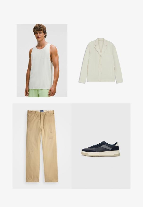 Giacca beige chiaro con rever a taglio, chiusura con bottoni e zip laterali. Realizzata in tessuto liscio e testurizzato con una vestibilità su misura.; Giovane uomo che indossa una canotta sportiva bianca senza maniche e pantaloni atletici leggeri verde chiaro, in piedi davanti a uno sfondo bianco uniforme.; Pantaloni di cotone beige con taglio dritto. Presentano toppe usurate e dettagli ricamati nella parte anteriore. Chiusura classica con bottone e zip.; BOSS BALTIMORE - Sneakers basse - open blue