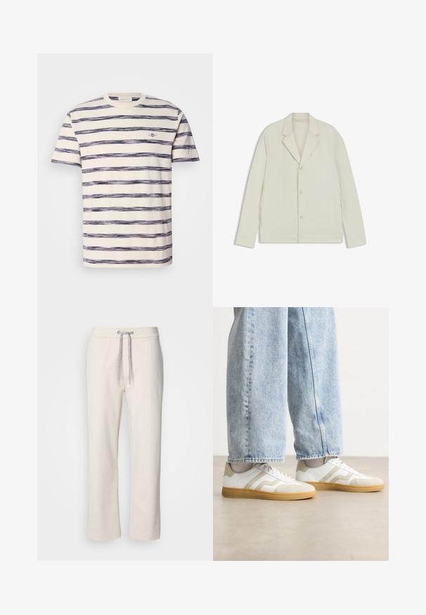 Valkoinenbeige takki, jossa on sahalaita, napitus ja sivuvetoketjut. Valmistettu sileästä, teksturoidusta kankaasta, joka on muotoiltu hyvin istuvaksi.; Lyhythihainen raidallinen t-paita kermansävyssä, jossa on epätasaiset tummansiniset vaakaraidat. Rintapielessä pieni logo. Pehmeää puuvillakangasta.; Kermanväriset rentopöksyt, joissa on nauhavyötärö ja suorat lahkeet, esiteltynä yksiväristä valkoista taustaa vasten.; Valkoiset tennarit, joissa on beige nahan korostuksia ja vaaleat kumipohjat; matala malli ja teksturoitu yläosa.