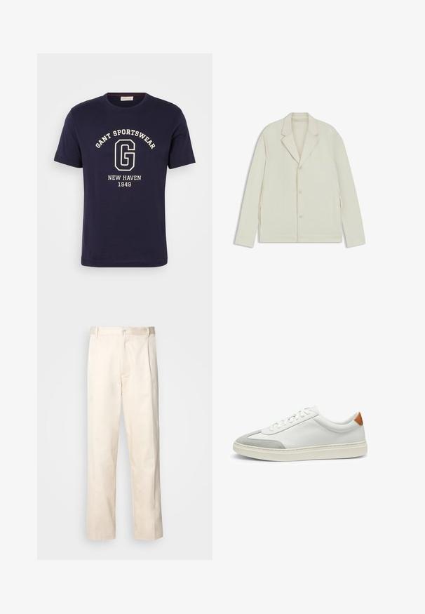 Light beige jacket with a notched lapel, button closure, and side zippers. Made from smooth, textured fabric with a tailored fit.; Navy cotton T-shirt featuring a white graphic with "GANT SPORTSWEAR," "NEW HAVEN," and "1949." Crew neckline and short sleeves.; Beige cotton trousers with a straight-leg cut, featuring a button closure and pleats at the front for added detail.; White leather sneakers with gray suede accents and a tan leather heel tab. Features a textured surface and lightweight sole.