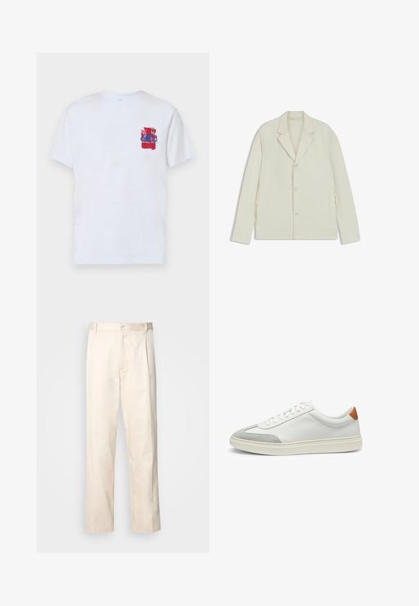 Light beige jacket with a notched lapel, button closure, and side zippers. Made from smooth, textured fabric with a tailored fit.; White short-sleeve T-shirt featuring a colorful graphic design in red and blue at the left chest area with abstract shapes and patterns.; Beige cotton trousers with a straight-leg cut, featuring a button closure and pleats at the front for added detail.; White leather sneakers with gray suede accents and a tan leather heel tab. Features a textured surface and lightweight sole.
