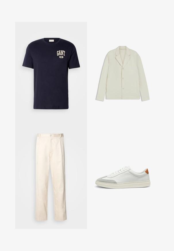 Light beige jacket with a notched lapel, button closure, and side zippers. Made from smooth, textured fabric with a tailored fit.; Navy blue cotton t-shirt with short sleeves, a round neckline, and a printed "GANT 49" logo on the chest in a cream accent color.; Beige cotton trousers with a straight-leg cut, featuring a button closure and pleats at the front for added detail.; White leather sneakers with gray suede accents and a tan leather heel tab. Features a textured surface and lightweight sole.