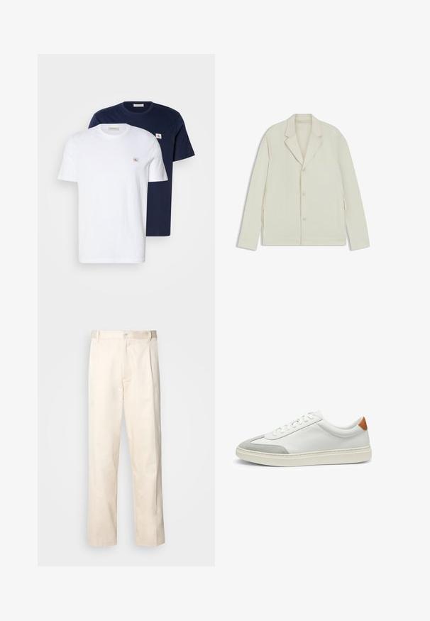 Light beige jacket with a notched lapel, button closure, and side zippers. Made from smooth, textured fabric with a tailored fit.; Cotton t-shirt pack in white and navy. Each features a crew neck, short sleeves, and a small logo patch on the chest.; Beige cotton trousers with a straight-leg cut, featuring a button closure and pleats at the front for added detail.; White leather sneakers with gray suede accents and a tan leather heel tab. Features a textured surface and lightweight sole.