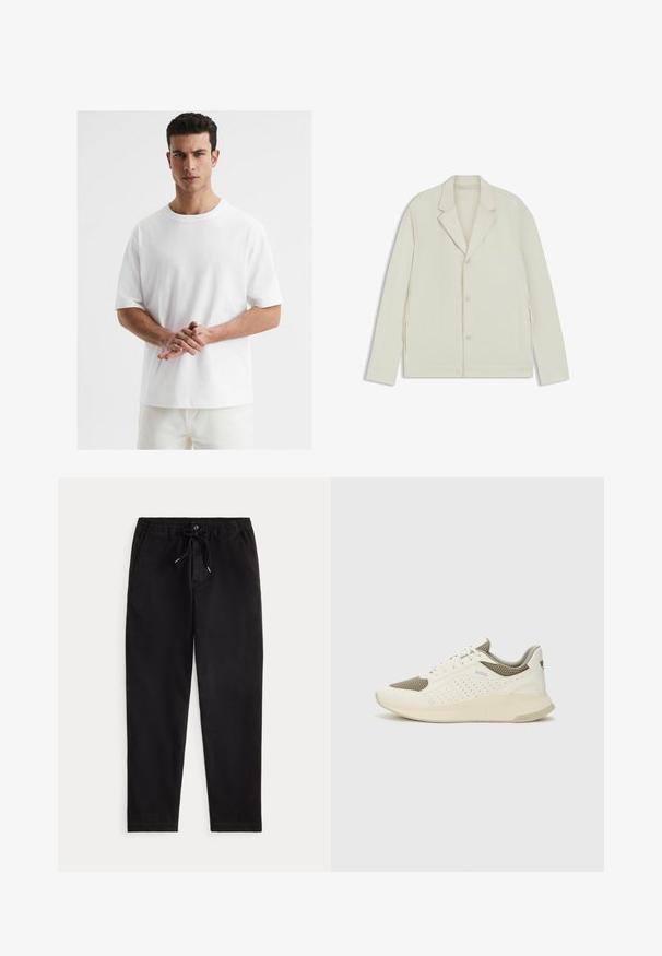Lys beige jakke med klapkrave, knaplukning og sidelommer med lynlås. Lavet af glat, tekstureret stof med en skræddersyet pasform.; Hvid bomulds T-shirt med rund hals, korte ærmer, afslappet pasform og glat tekstur. Ingen synlige mønstre eller accenter.; Sorte casual bukser med elastisk talje, snorbinding, frontknap og sidelommer, præsenteret på en ensfarvet baggrund.; Hvide og lyse beige sportssko med en mesh-overdel, perforerede detaljer og en tekstureret mellemsål med branding på hælen.