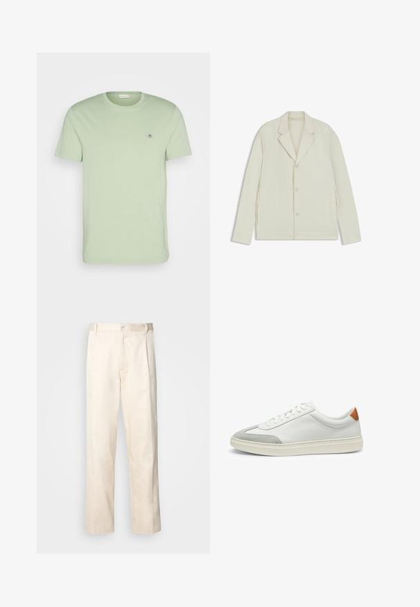 Light beige jacket with a notched lapel, button closure, and side zippers. Made from smooth, textured fabric with a tailored fit.; GANT SHIELD - Basic T-shirt - milky matcha; Beige cotton trousers with a straight-leg cut, featuring a button closure and pleats at the front for added detail.; White leather sneakers with gray suede accents and a tan leather heel tab. Features a textured surface and lightweight sole.