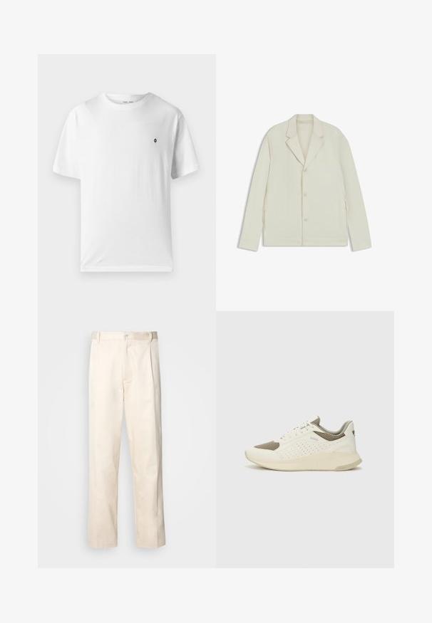 Light beige jacket with a notched lapel, button closure, and side zippers. Made from smooth, textured fabric with a tailored fit.; White cotton t-shirt with a round neck, short sleeves, and a small black logo on the chest. Soft texture, casual fit.; Beige cotton trousers with a straight-leg cut, featuring a button closure and pleats at the front for added detail.; White and light beige athletic sneaker, featuring a mesh upper, perforated detailing, and a textured midsole with branding on the heel.