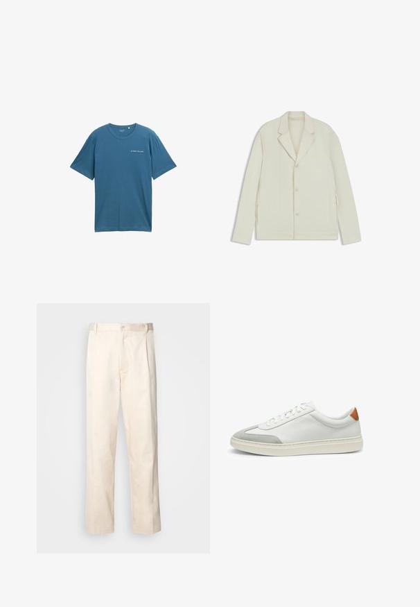 Jasnobeżowa kurtka z wyłogowym kołnierzem, zapięciem na guziki i bocznymi zamkami. Wykonana z gładkiego, teksturowanego materiału o dopasowanym kroju.; Niebieska bawełniana koszulka z krótkim rękawem i okrągłym dekoltem. Ma małe białe logo na lewej klatce piersiowej. Prosty design, bez wzorów.; Beżowe bawełniane spodnie o prostym kroju nogawki, z zapięciem na guziki i plisami z przodu dla dodatkowego zdobienia.; Białe skórzane tenisówki z szarymi zamszowymi akcentami oraz brązowym skórzanym zapiętkiem. Posiadają teksturowaną powierzchnię i lekką podeszwę.