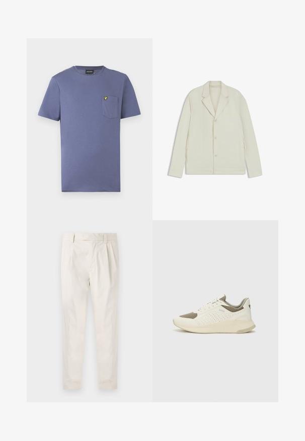 Light beige jacket with a notched lapel, button closure, and side zippers. Made from smooth, textured fabric with a tailored fit.; Purple cotton t-shirt with short sleeves, round neckline, and a chest pocket featuring a yellow embroidered logo.; White, pleated trousers with a tailored fit, featuring a smooth texture, belt loops, and tapered legs. No visible pockets or patterns.; White and light beige athletic sneaker, featuring a mesh upper, perforated detailing, and a textured midsole with branding on the heel.