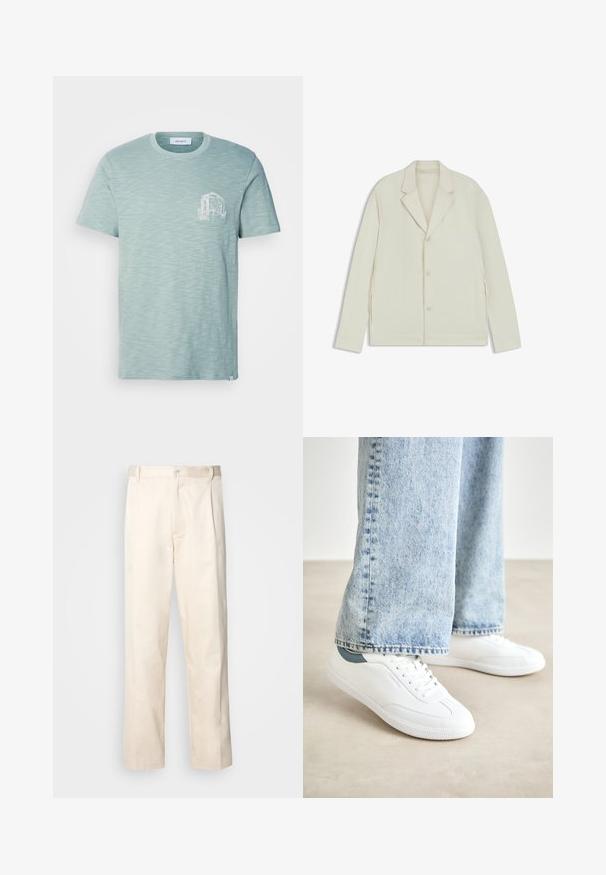 Light beige jacket with a notched lapel, button closure, and side zippers. Made from smooth, textured fabric with a tailored fit.; Light green short-sleeve t-shirt made of soft fabric, featuring a textured pattern and a small white printed design on the left chest.; Beige cotton trousers with a straight-leg cut, featuring a button closure and pleats at the front for added detail.; White sneakers with smooth material, lace-up design, textured rubber sole, and a teal accent at the heel, paired with light blue jeans.