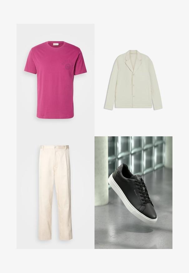 Ljus beige jacka med spetsiga slag, knappstängning och sidodragkedjor. Tillverkad av slätt, texturerat tyg med en skräddarsydd passform.; Fuchsia bomullströja med korta ärmar, rundad hals och en cirkulär logotyp tryckt i marinblått på bröstet. Rak nertill med sidoklyftor.; Beiga bomullbyxor med rak benform, utrustade med knappstängning och veck framtill för extra detalj.; Svart lädersneaker med vit gummisul, rund tå och snörning. Har en slät yta och diskret branding på tungan.