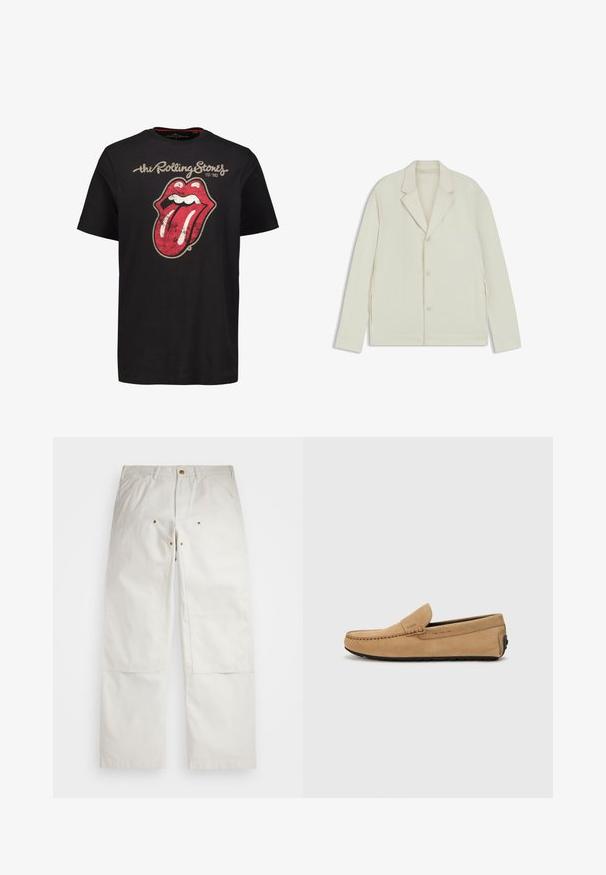 Valkoinenbeige takki, jossa on sahalaita, napitus ja sivuvetoketjut. Valmistettu sileästä, teksturoidusta kankaasta, joka on muotoiltu hyvin istuvaksi.; Musta puuvillapaita, jossa on suuri, kulunut punainen kieli ja suu -graafinen kuva, jonka yläpuolella on teksti "the Rolling Stones" ja alapuolella perustamisvuosi.; Valkoiset puuvillahousut, joissa on rento malli, etutaskut, kultaiset yksityiskohdat ja polvipatchit.; Beige mokasínikengät, joissa on ommeltu varvas, liukupohjainen muotoilu ja musta kumipohja. Sivussa hienovarainen brändäys.