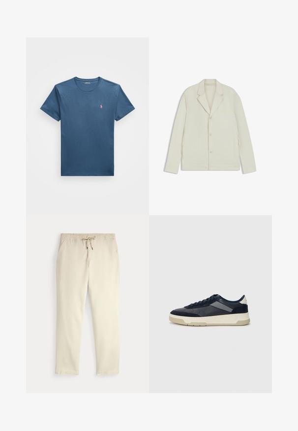 Giacca beige chiaro con rever a taglio, chiusura con bottoni e zip laterali. Realizzata in tessuto liscio e testurizzato con una vestibilità su misura.; Polo Ralph Lauren CUSTOM SLIM FIT JERSEY CREWNECK T-SHIRT - T-shirt basic - clancy blue; Pantaloni casual off-white con vita elastica e cordino, gambe dritte e tasche laterali su uno sfondo neutro.; BOSS BALTIMORE - Sneakers basse - open blue