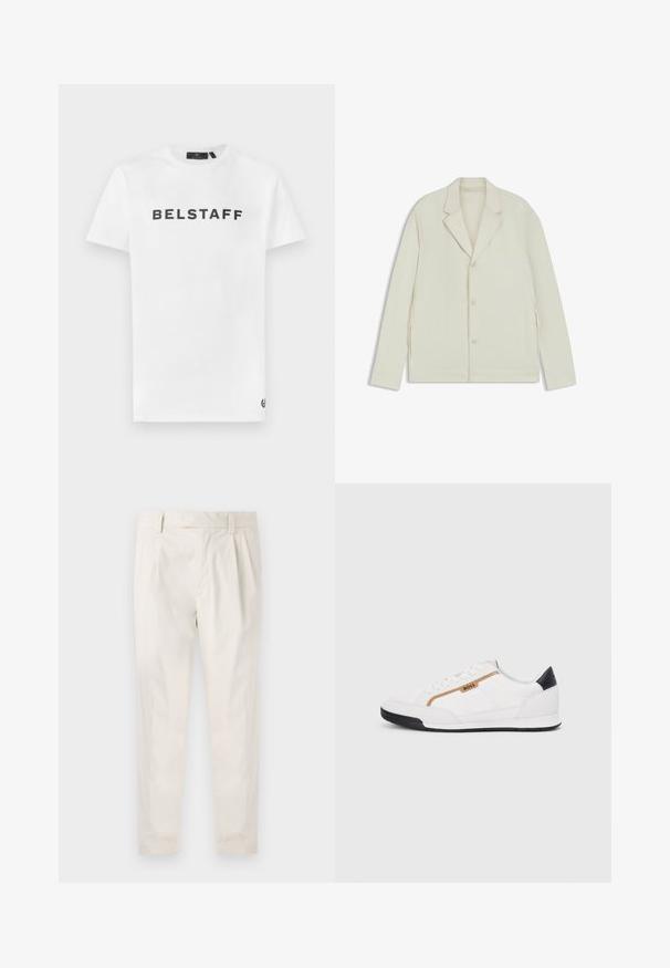 Ljus beige jacka med spetsiga slag, knappstängning och sidodragkedjor. Tillverkad av slätt, texturerat tyg med en skräddarsydd passform.; Vit bomulls t-shirt med en svart "BELSTAFF" logotyp på framsidan. Klassisk rund hals och korta ärmar med en liten logotypdetalj på fållen.; Vita, plisserade byxor med skräddarsydd passform, med en mjuk yta, bälteshängare och avsmalnande ben. Inga synliga fickor eller mönster.; Vita sportskor i vitt med inslag av nät och läder. Har en gyllene "BOSS"-logotyp, texturerade sidopaneler och en svart hälkap. Gummisula.