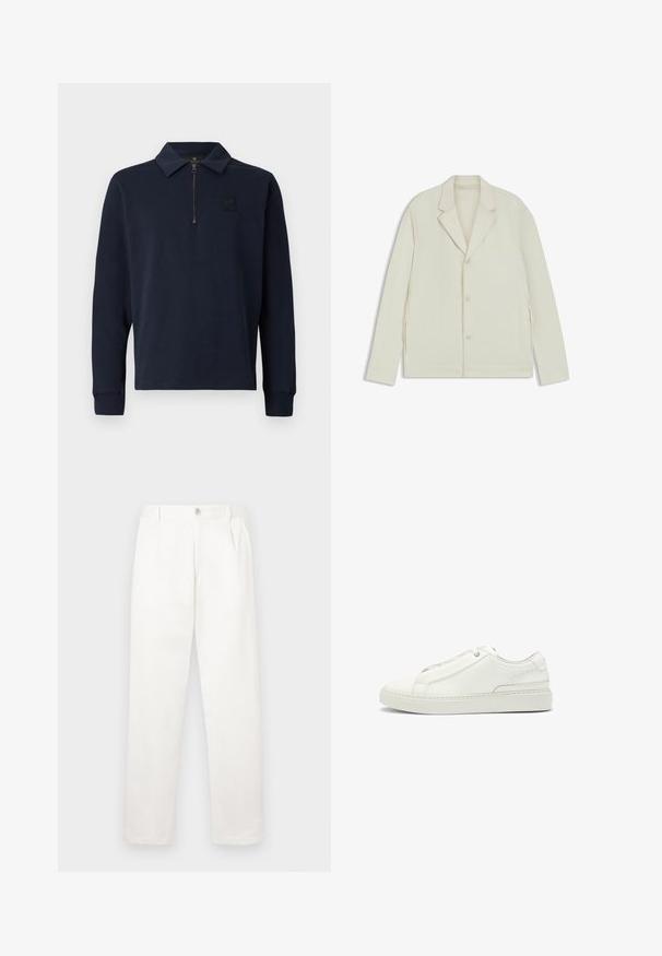 Valkoinenbeige takki, jossa on sahalaita, napitus ja sivuvetoketjut. Valmistettu sileästä, teksturoidusta kankaasta, joka on muotoiltu hyvin istuvaksi.; Tummansininen pitkähihaisen polo-paita, jossa on puoli vetoketju ja pieni logo vasemmassa rinnassa.; Valkeat housut, jotka on valmistettu sileästä kankaasta, suoran lahkeiden muotoilun, etupleettien ja vyötäröllä olevan yksittäisen nappikiinnityksen kanssa.; Valkoinen nahkakenkä, jossa on teksturoitu yläosa, pyöreä kärki, minimalistinen muotoilu ja kumipohja, jossa on ommeltu yksityiskohta.