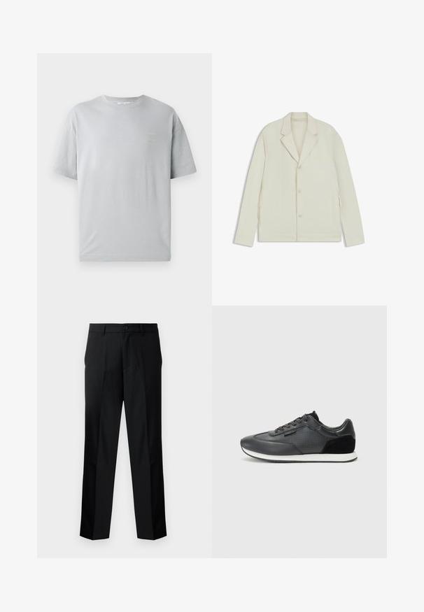 Valkoinenbeige takki, jossa on sahalaita, napitus ja sivuvetoketjut. Valmistettu sileästä, teksturoidusta kankaasta, joka on muotoiltu hyvin istuvaksi.; Harmaa puuvillainen t-paita rennolla istuvuudella, lyhyillä hihoilla ja pienenä keltaisena tekstidetailina edessä. Pehmeä tuntuma ja klassinen pyöreä kaula-aukko.; Mustat räätälöidyt housut suoran leikkauksen kanssa, joissa on nappisulku, vetoketjulahje ja vyölenkit. Sileä kangas ja sivutaskut.; Mustat urheilukengät, joissa on nahkainen yläosa, lävistyksillä, mokkanahka-akselit ja valkoinen kumipohja. Klassinen nauhoitussuunnittelu.