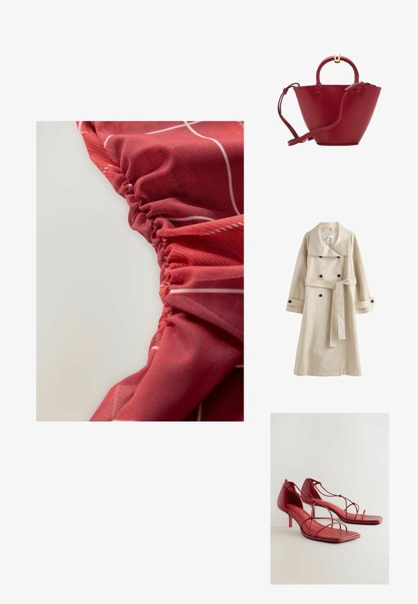 Bež plašč s dvojno zapenjanjem, velikim ovratnikom, črnimi gumbi in usklajenim pasom v pasu. Gladek, lahek material.; Rdeča, teksturirana tkanina z nabranimi detajli in belimi linearni vzorci, ki prikazuje gladek in rahlo sijoč videz.; Rdeče usnjene visoke sandale s kvadratnimi prsti, več tankimi trakovi čez stopalo in nastavljivim zaponko okoli gležnja. Teksturirana notranjost.; Rdeča usnjena torbica z zaobljenim vrhom, strukturirano stožčasto obliko, kratko ročico in odstranljivim naramnim trakom. Opremljena z zlatimi dodatki.