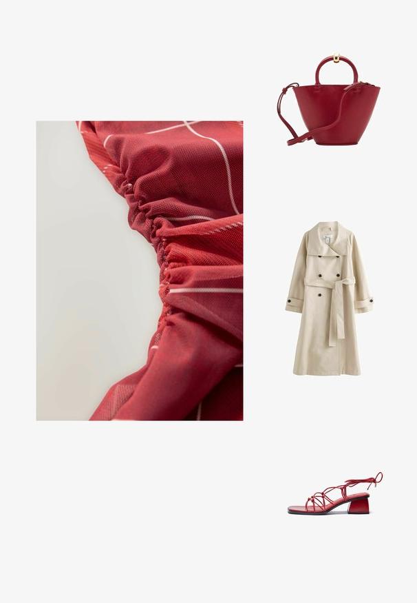 Beige trenchcoat met een dubbelknopssluiting, grote kraag, zwarte knopen en een bijpassende riem in de taille. Glad, lichtgewicht stof.; Rode, gestructureerde stof met geplooide details en witte lijnpatronen, die een gladde en iets glanzende uitstraling toont.; Rode sandaal met hakken, gemaakt van glanzende materialen. Heeft een vierkante neus, een ingewikkeld schouderontwerp en een dikke blokhak.; Rode leren handtas met een afgeronde bovenkant, gestructureerde kegelvorm, een kort handvat en een afneembare schouderband. Voorzien van gouden hardwareaccenten.