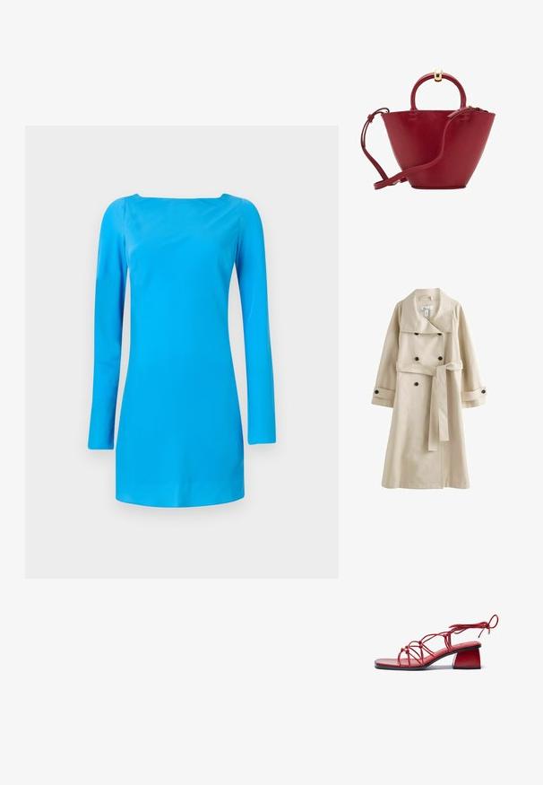 Bež trench kaput s dvostrukim kopčanjem, velikim ovratnikom, crnim gumbima i odgovarajućim remenom oko struka. Glatka, lagana tkanina.; Plava haljina dugih rukava s kvadratnim dekolteom. Izrađena od glatkog, sjajnog materijala s uskim krojem i minimalnim detaljima.; Crvene sandale na petu napravljene od sjajnih materijala. Sadrže квадратni vrh, složen dizajn sa trakama i debeli blok petu.; Crvena kožna torba s zaobljenim vrhom, strukturalnog konusnog oblika, kratkom ručkom i odvojivim remenom za rame. Sadrži zlatne metalne detalje.