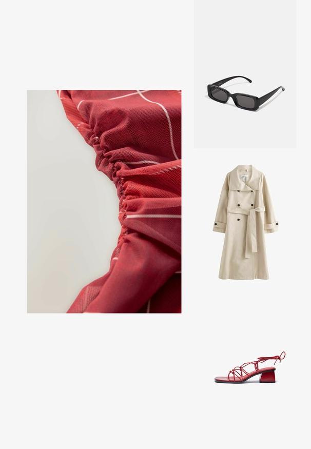 Beige trench coat with a double-breasted design, large collar, black buttons, and a matching belt at the waist. Smooth, lightweight fabric.; Red, textured fabric with gathered detailing and white linear patterns, showcasing a smooth and slightly glossy appearance.; Red heeled sandal made from glossy materials. Features a square toe, intricate strappy design, and a chunky block heel.; Black rectangular sunglasses with dark lenses, glossy finish, wide arms, and a chunky frame design. Engraved brand name on one arm.