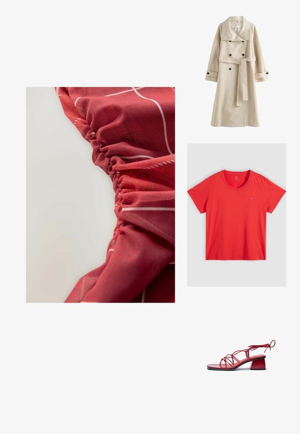béžový trenčkot s dvojradovým dizajnom, veľkým golierom, čiernymi gombíkmi a zodpovedajúcim opaskom v páse. Hladká, ľahká tkanina.; Červené bavlnené tričko s okrúhlym výstrihom, krátkymi rukávmi a malou nášivkou s logom Levi's na ľavej hrudi. Hladká textura, voľný strih.; Červená textúrovaná tkanina s nariasením a bielymi líniovými vzormi, ktorá vykazuje hladký a jemne lesklý vzhľad.; Červené sandále na podpätku vyrobené z lesklých materiálov. Majú štvorcovú špičku, zložitý dizajn remienkov a robustný blokový podpätok.; Červená kožená kabelka s zaobleným vrchom, štruktúrovaným kužeľovým tvarom, krátkymi ušami a odnímateľným ramenným popruhom. Obsahuje zlaté kovové akcenty.