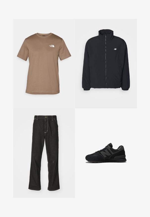 Giacca nera con zip e colletto alto, polsini elasticizzati e tasche laterali; realizzata in materiale isolante; presenta un piccolo logo sul petto.; T-shirt corto marrone a maniche corte in cotone con collo a girocollo a coste. Presenta un piccolo logo bianco sulla parte sinistra del petto.; Jeans in denim nero con una vestibilità ampia, caratterizzati da cuciture bianche a contrasto, chiusura a bottone e un design a gamba dritta.; Sneaker nera con parte superiore in camoscio e rete, suola spessa e logo 'N' prominente di lato. Design testurizzato con chiusura a lacci.