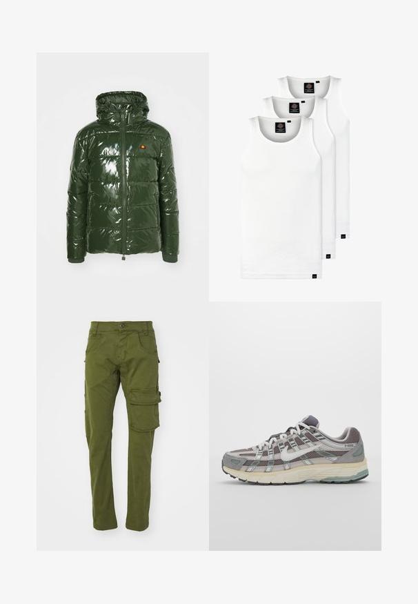 Ellesse TREVANI - Vinterjakke - khaki; Tre hvite ribbestrikkede tank topper laget av bomull. Har en rund hals og små svarte etiketter nær kanten. Tilgjengelig i flere størrelser.; Olivenfargede cargo-bukser laget av bomull, med to sidelommer og en stor cargo-lomme på høyre ben, med rette ben.; Grå treningssko med overdel i nett og semsket skinn, hvite detaljer, en polstret såle, og et særpreget design med reflekterende elementer.