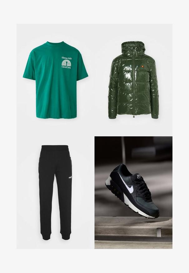 Ellesse TREVANI - Ziemas jaka - khaki; Zaļa kokvilnas T-krekls ar apaļu kakla izgriezumu. Uz kreisā krūtīm ir grafiska druka baltā krāsā ar uzrakstu "Ellesse 1959 Club di Corsa".; Melnas sporta bikses, kas izgatavotas no mīkstas auduma, piedāvā sašaurinātu kāju dizainu, elastīgu jostasvietu, sānu kabatas ar rāvējslēdzējiem un mazu logo akcentu.; Melnas un zaļas kedas ar rakstainu sieta augšdaļu, baltu swoosh logo, mīkstu apkakli un redzamu gaisa amortizācijas elementu zolē.