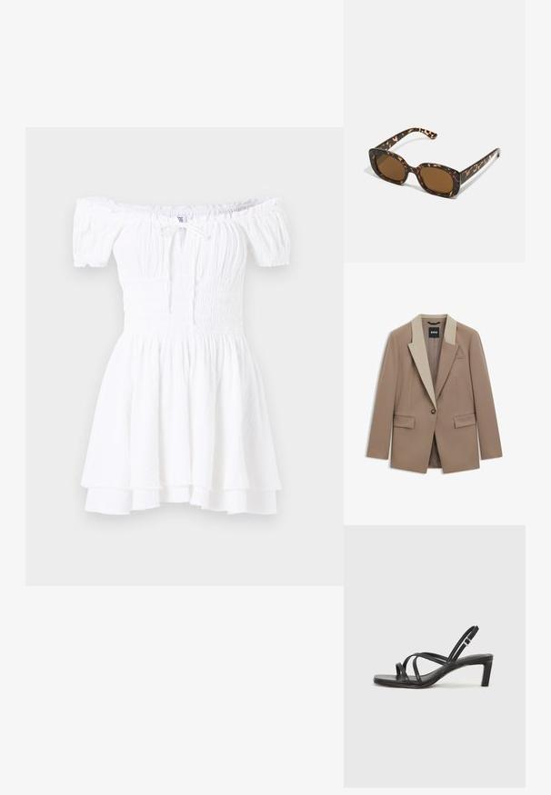 Beige blazer with a contrasting light beige collar, single button closure, and two front pockets. Made from smooth, structured fabric.; White off-the-shoulder dress with smocked bodice, short puff sleeves, and tiered ruffled hem. Made of lightweight, textured fabric.; Black strappy sandal with a square toe and a low block heel. Features multiple thin straps and an adjustable ankle strap. Made of smooth leather.; Tortoiseshell sunglasses with a rounded, chunky frame and brown lenses. Features subtle patterns and straight, tapered arms.; Tan leather handbag with double handles and a detachable shoulder strap. Features a gold-tone clasp and textured surface.