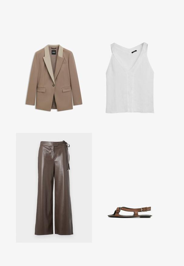 Beige Blazer mit einem kontrastierenden, hellbeigen Kragen, Ein-Knopf-Verschluss und zwei vorderen Taschen. Aus glattem, strukturiertem Material gefertigt.; Massimo Dutti FLOWING DOUBLE FABRIC GARMENT - Top - white; Braune Fake-Leder-Hosen mit weitem Bein, hoher Taille und seitlicher Bindeschleife auf weißem Hintergrund.; Braune Leder-Sandale mit offener Zehenpartie und seitlichen Ausschnitten. Sie verfügt über einen Knöchelriemen mit einer metallischen Schnalle und eine flache Sohle.