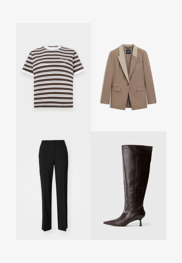 Beige kavaj med en kontrasterande ljusbeige krage, enkel knappstängning och två framfickor. Tillverkad av ett glatt, strukturerat tyg.; Brun och vit randig kortärmad t-shirt med rund halsringning och en liten logotyp på bröstet. Tillverkad av mjukt bomullsmaterial.; Svarta skräddarsydda byxor med rak benform, med en slät yta och skarpa veck fram. Ingen synlig hårdvara.; Bruna läderknähöga stövlar med spetsig tå och smal klack. Slät textur och elegant design, med en minimalistisk silhuett.