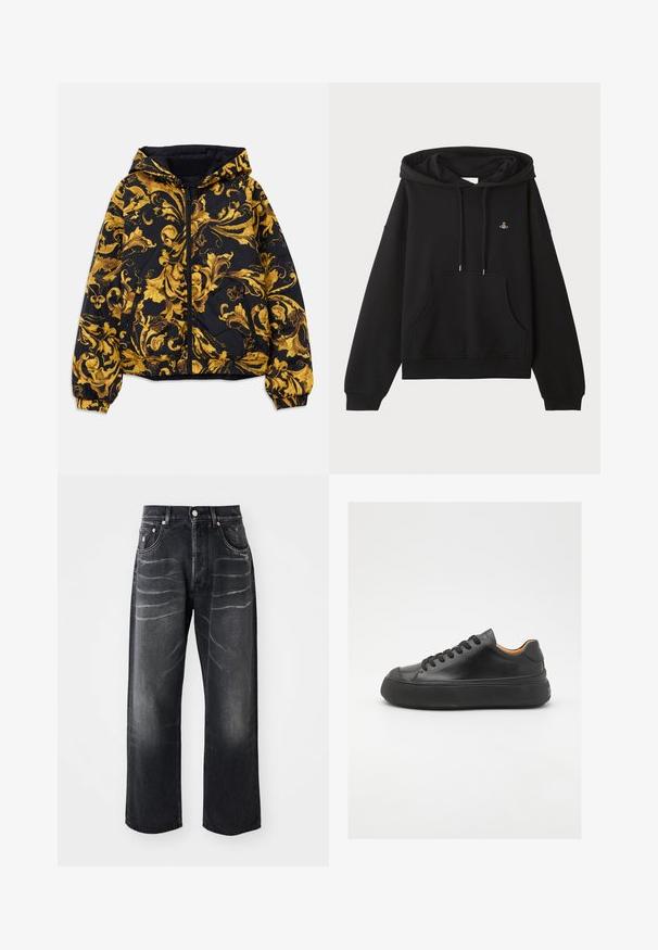 Crna kapuljača jakna s zlatnim ukrasnim baroknim cvjetnim uzorcima, prednjim zatvaračem, elastičnim manžetama i bočnim džepovima sa zatvaračem.; Crna majica s kapuljačom izrađena od mekog materijala, s kengurudžepom, povlačnom kapuljačom i malim vezom na prsima.; Crne traperice ravnog kroja s izblijedjelim naborima na bedrovima, prednjim gumbom, zatvaračem na munju i dizajnom s pet džepova.; Crne kožne tenisice s okruglim vrhom, vezanjem sprijeda, glatkom teksturom, debelim gumenim potplatom i kontrastnim svijetlosmeđim unutrašnjim dijelom.