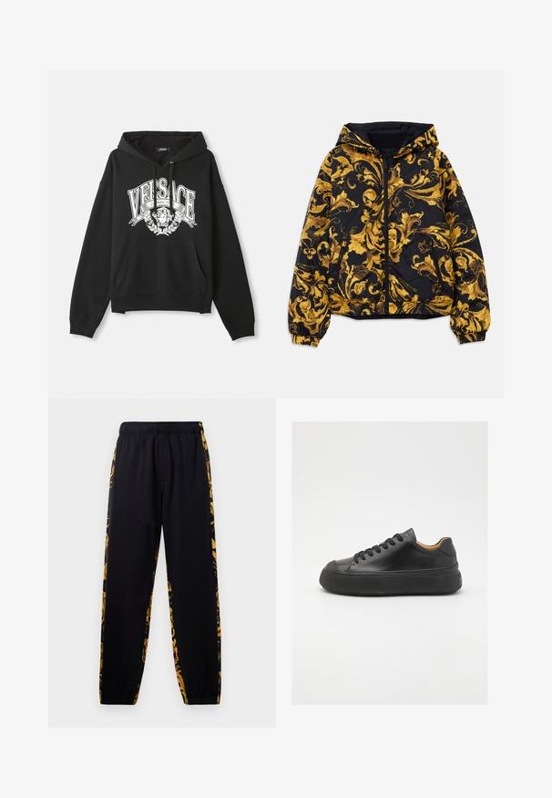 Giacca nera con cappuccio, decorata con ornati motivi floreali barocchi dorati, dotata di zip frontale, polsini elasticizzati e tasche laterali con zip.; Felpa nera con cappuccio, con il testo "VERSACE" bianco e il logo della testa di Medusa centrato sul petto, dotata di tasca a marsupio frontale e cordini.; Pantaloni jogger neri con elastiche in vita e alle caviglie, caratterizzati da pannelli laterali a motivi floreali neri e dorati.; Sneaker in pelle nera con punta tonda, allacciatura frontale, superficie liscia, suola in gomma spessa e interno a contrasto color nocciola.