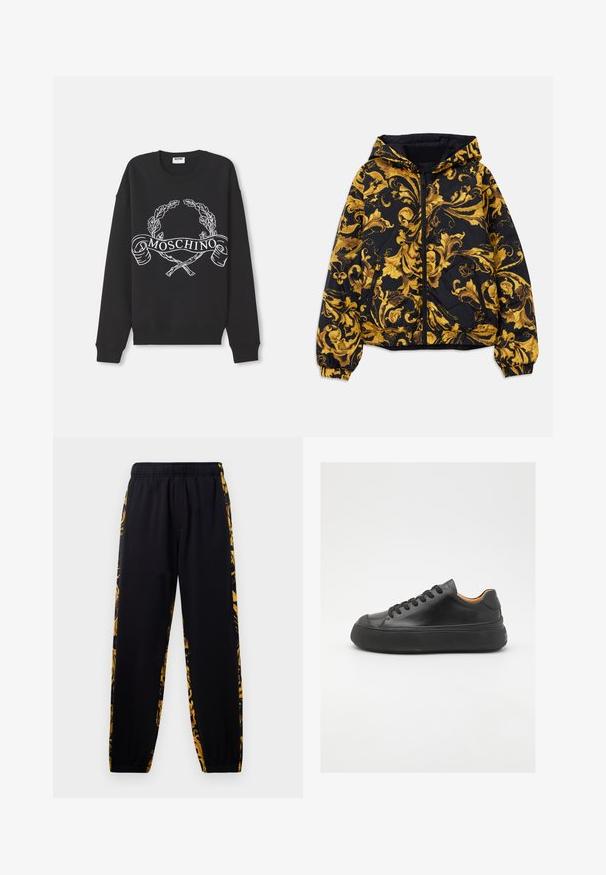 Czarna kurtka z kapturem ozdobiona złotymi, barokowymi kwiatowymi wzorami, z przednim zamek błyskawicznym, elastycznymi mankietami oraz zamykanymi na zamek błyskawiczny bocznymi kieszeniami.; Czarny sweter z okrągłym dekoltem z białym wzorem wawrzynowego wieńca i skrzyżowanych gałązek, z banerem tekstowym "MOSCHINO" na przodzie.; Czarne spodnie dresowe z elastycznym pasem i mankietami, ozdobione złotymi i czarnymi kwiatowymi wzorami na bocznych panelach.; Czarne skórzane trampki z okrągłym noskiem, sznurowanym przodem, gładką teksturą, grubą gumową podeszwą i kontrastującym, tanowym wnętrzem.