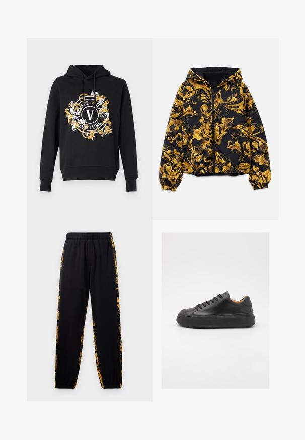 Jachetă neagră cu glugă, decorată cu modele florale baroc ornate în nuanțe de aur, dotată cu fermoar frontal, manșete elastice și buzunare laterale cu fermoar.; Hanorac negru cu un grafic rotund, ornamentat în alb și auriu, cu textul "Versace Jeans Couture" și litera centrală "V."; Pantaloni de jogging negri cu talie și mansete elastice, având panouri laterale cu un model floral auriu și negru.; Tenis de piele neagră cu vârf rotund, cu șireturi pe față, textură netedă, talpă groasă din cauciuc și interior contrastant de culoare bej.