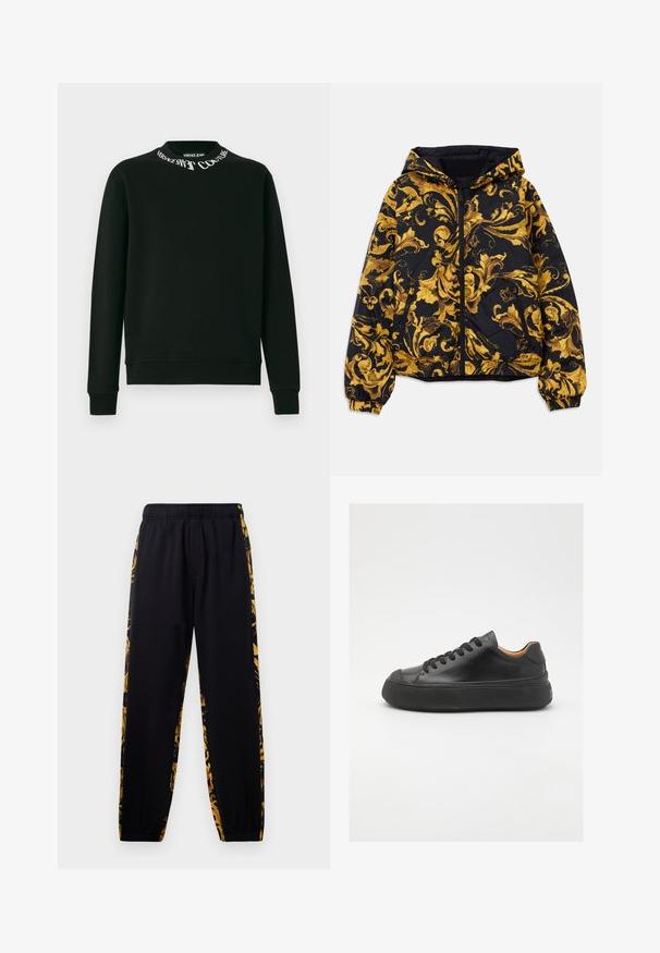 Černá kapucová bunda s nádhernými zlatými barokními květinovými vzory a předním zipem, elastickými manžetami a zipovými postranními kapsami.; Černá mikina s dlouhým rukávem a kulatým výstřihem, která má bílé nápisy "Versace Jeans Couture" kolem límečku, žebrované manžety a lem.; Černé joggingové kalhoty s elastickým pasem a manžetami, zdobené zlatými a černými květinovými vzory po stranách.; Černé kožené tenisky s kulatou špičkou, šněrováním v přední části, hladkým povrchem, silnou gumovou podrážkou a kontrastním tan interiérem.