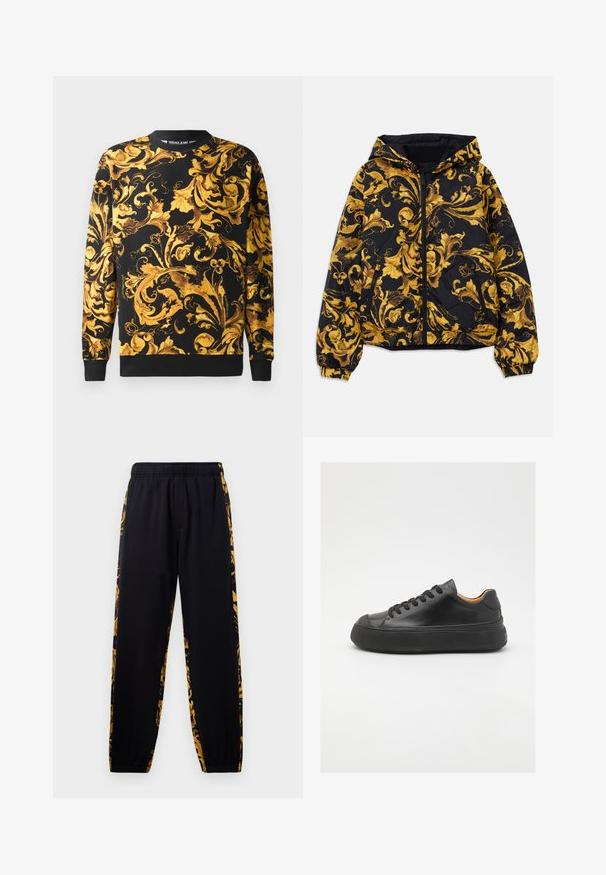 Melns kapucēts mētis ar zeltainiem izsmalcinātiem baroka florāliem rakstiem, priekšējo rāvējslēdzēju, elastīgām aprocēm un rāvējslēdzēja sānu kabatām.; Melns džemperis ar sarežģītiem zeltainiem baroka ziedu rakstiem, ar ribotām piedurknēm un apakšmalu, izgatavots no kokvilnas maisījuma auduma.; Melnas sporta bikses ar elastīgu jostu un aizdari, ar zelta un melnu ziedu raksta sānu paneļiem.; Melna ādas sporta kurpe ar apaļu purngalu, ar auklēm priekšā, gluda tekstūra, bieza gumijas zole un kontrastējošs brūns iekšpuses materiāls.