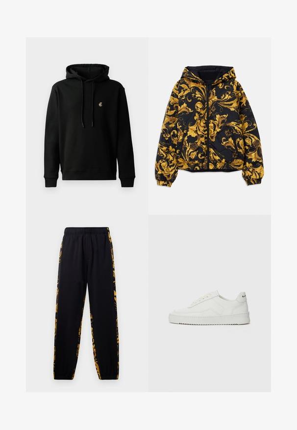 Musta huppari, jossa on kultaisia ornate barokkimaisia kukkakuosisia yksityiskohtia, etuvetoketju, joustavat hihansuut ja vetoketjulliset sivutaskut.; Mustat huppari, joka on valmistettu puuvillasekoitteesta. Siinä on etuosa kangaroo-tasku, nauhalla säädettävä huppu ja pieni brodeerattu logo rinnassa.; Mustat jogger-housut, joissa on joustava vyötärö ja lahkeiden resorit, joissa on kultaisia ja mustia kukkakuosisia sivupaneeleja.; Valkoinen nahkakenkä, jossa on sileä pinta, pyöreä kärki, tasaiset nauhat ja teksturoitu pohja. Sisältää huomaamattoman logon kantapäässä.