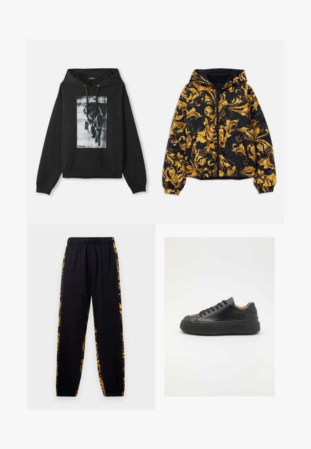 Giacca nera con cappuccio, decorata con ornati motivi floreali barocchi dorati, dotata di zip frontale, polsini elasticizzati e tasche laterali con zip.; Hoodie nera in cotone, caratterizzata da una stampa grafica di un profilo in grigio e bianco, con accessori per stringere in tono oro.; Pantaloni jogger neri con elastiche in vita e alle caviglie, caratterizzati da pannelli laterali a motivi floreali neri e dorati.; Sneaker in pelle nera con punta tonda, allacciatura frontale, superficie liscia, suola in gomma spessa e interno a contrasto color nocciola.